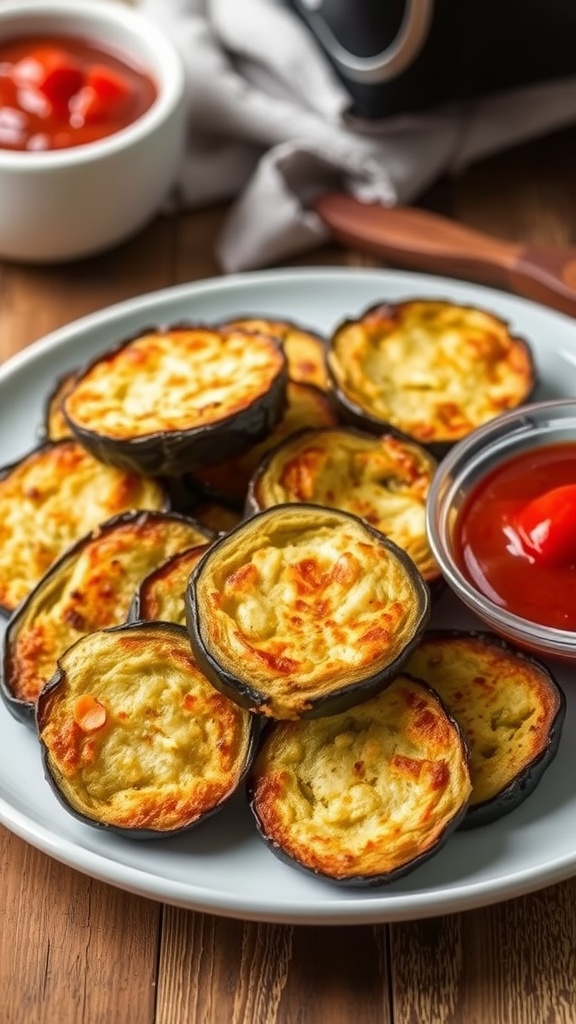 Crispy air fryer eggplant slices on a plate with marinara sauce, set in a rustic kitchen.